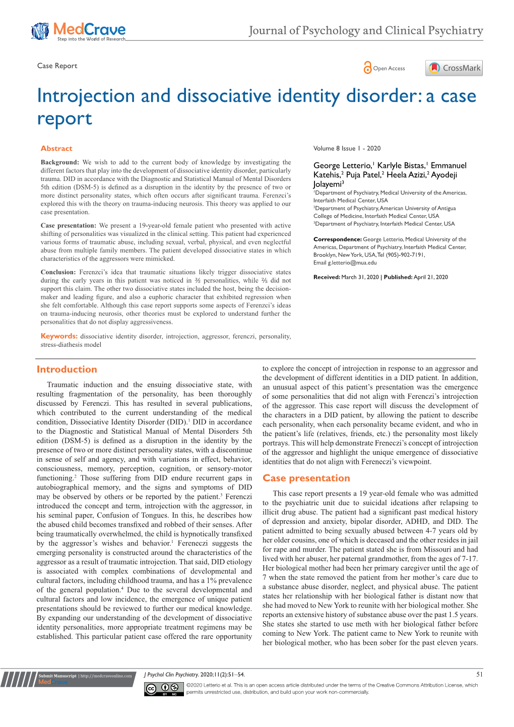 Introjection and Dissociative Identity Disorder: a Case Report