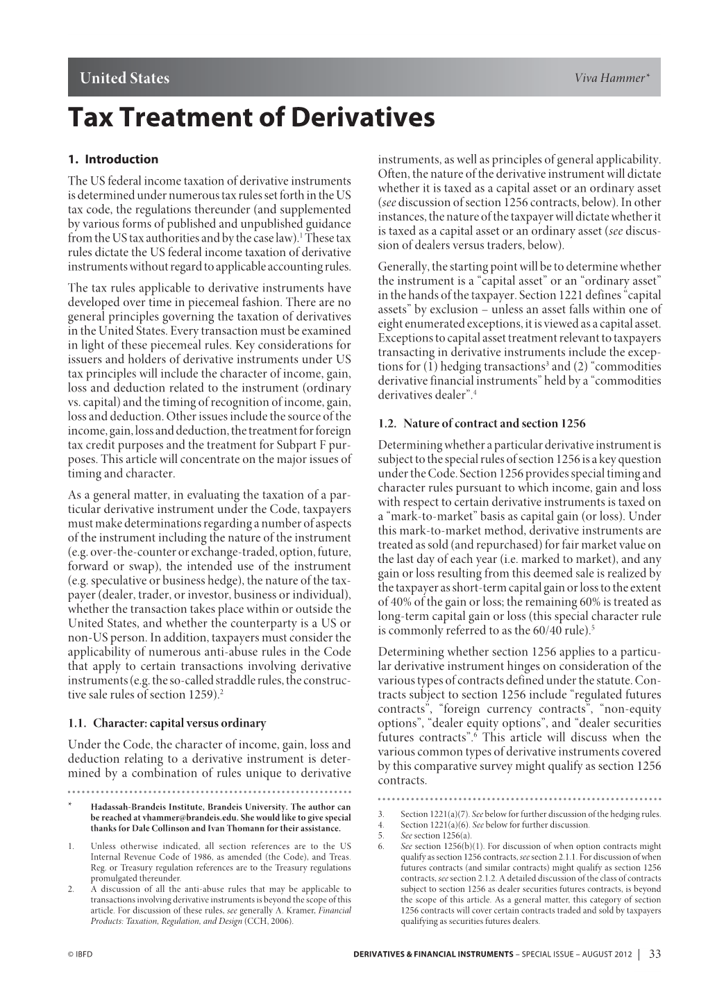 Tax Treatment of Derivatives