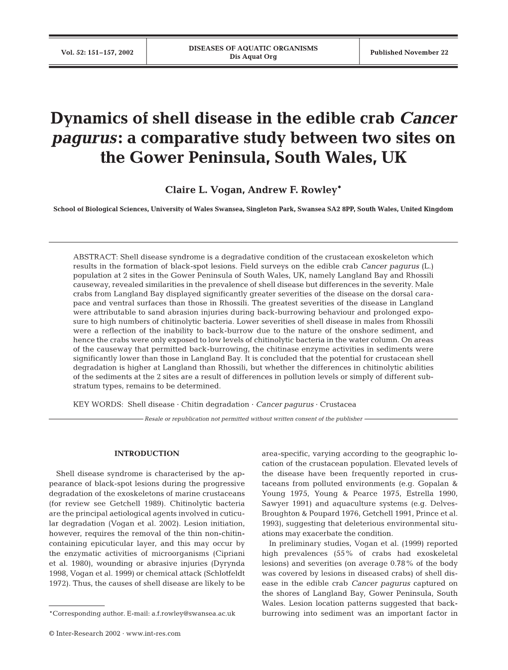 Dynamics of Shell Disease in the Edible Crab Cancer Pagurus: a Comparative Study Between Two Sites on the Gower Peninsula, South Wales, UK