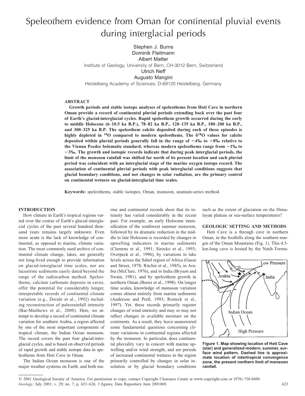 Speleothem Evidence from Oman for Continental Pluvial Events During Interglacial Periods