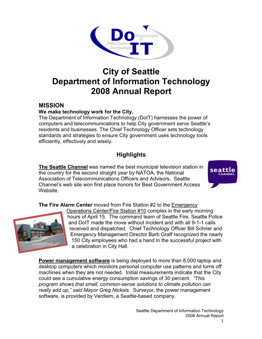 City of Seattle Department of Information Technology 2008 Annual Report