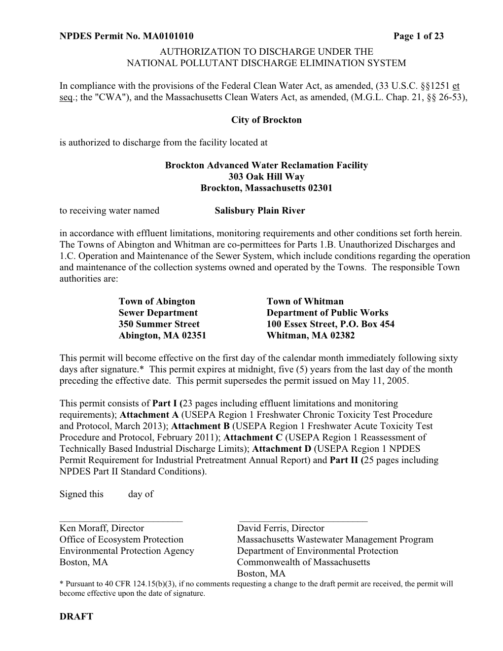 NPDES Permit No. MA0101010 Page 1 of 23 AUTHORIZATION to DISCHARGE UNDER the NATIONAL POLLUTANT DISCHARGE ELIMINATION SYSTEM