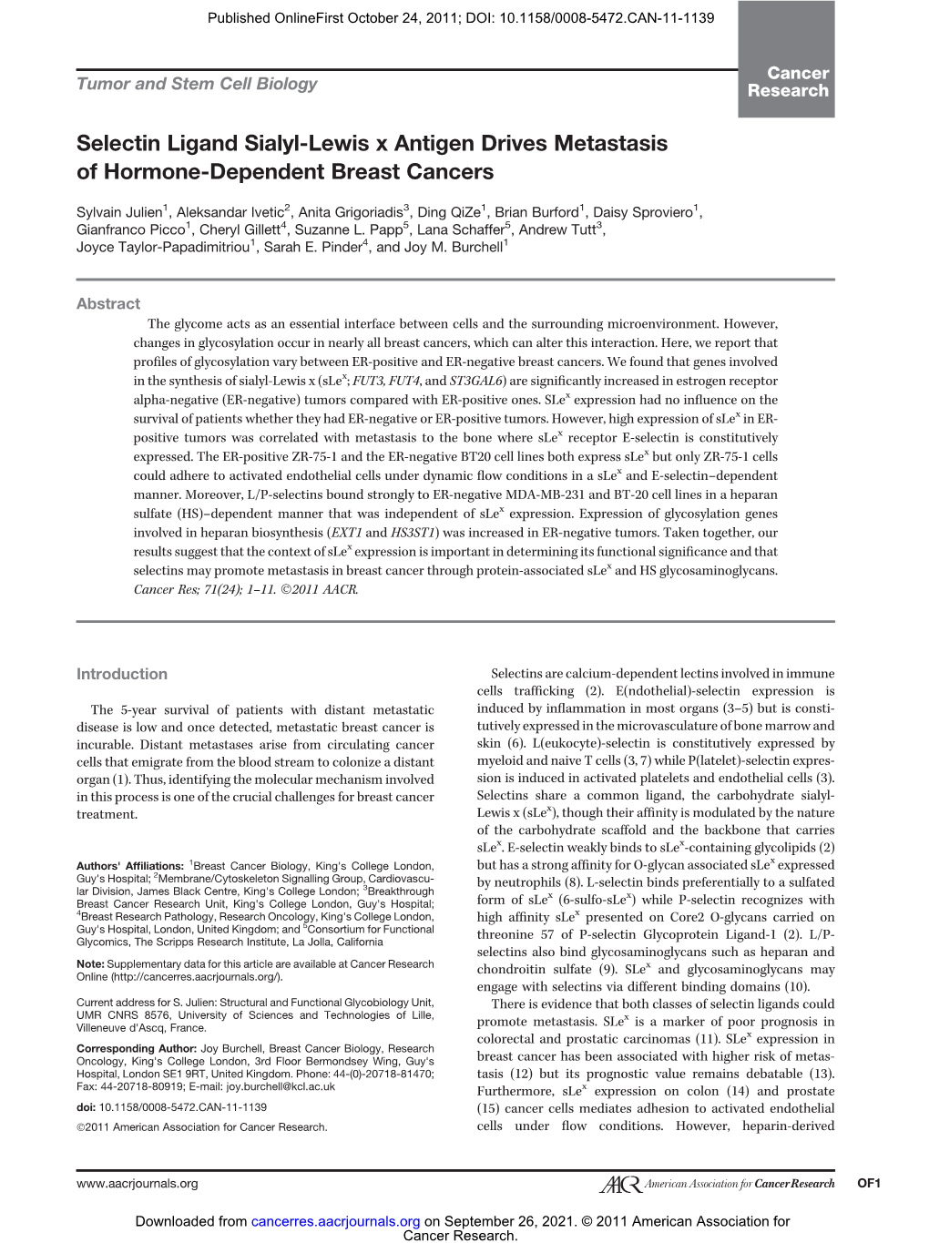 Selectin Ligand Sialyl-Lewis X Antigen Drives Metastasis of Hormone-Dependent Breast Cancers