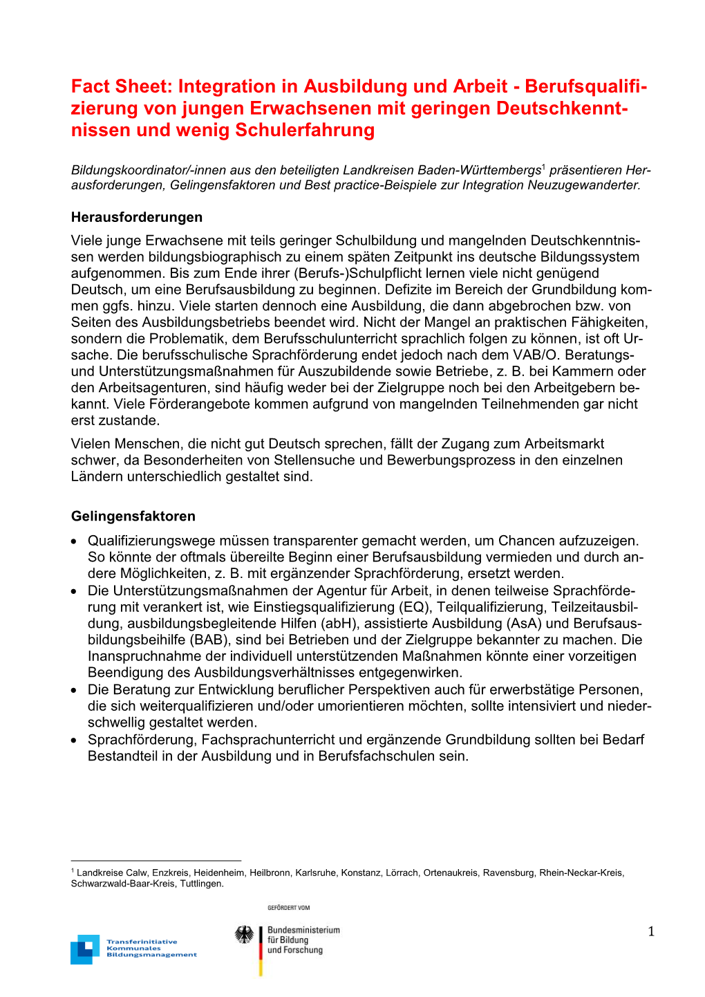 Integration in Ausbildung Und Arbeit - Berufsqualifi- Zierung Von Jungen Erwachsenen Mit Geringen Deutschkennt- Nissen Und Wenig Schulerfahrung