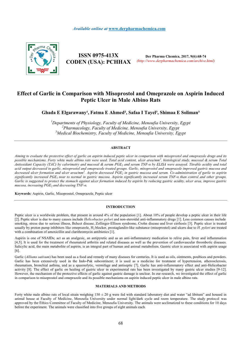 Effect of Garlic in Comparison with Misoprostol and Omeprazole on Aspirin Induced Peptic Ulcer in Male Albino Rats