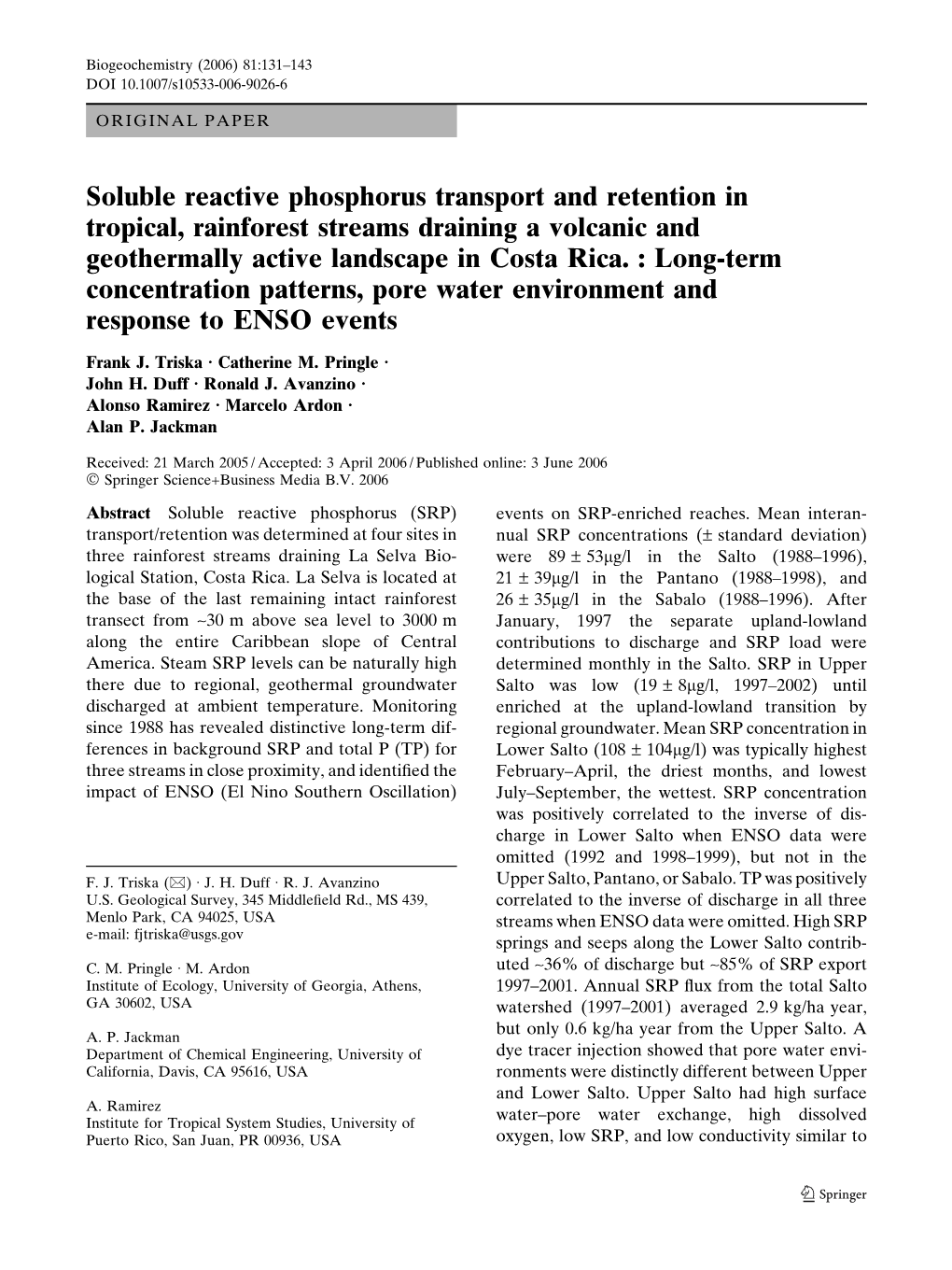 Soluble Reactive Phosphorus Transport and Retention in Tropical, Rainforest Streams Draining a Volcanic and Geothermally Active Landscape in Costa Rica