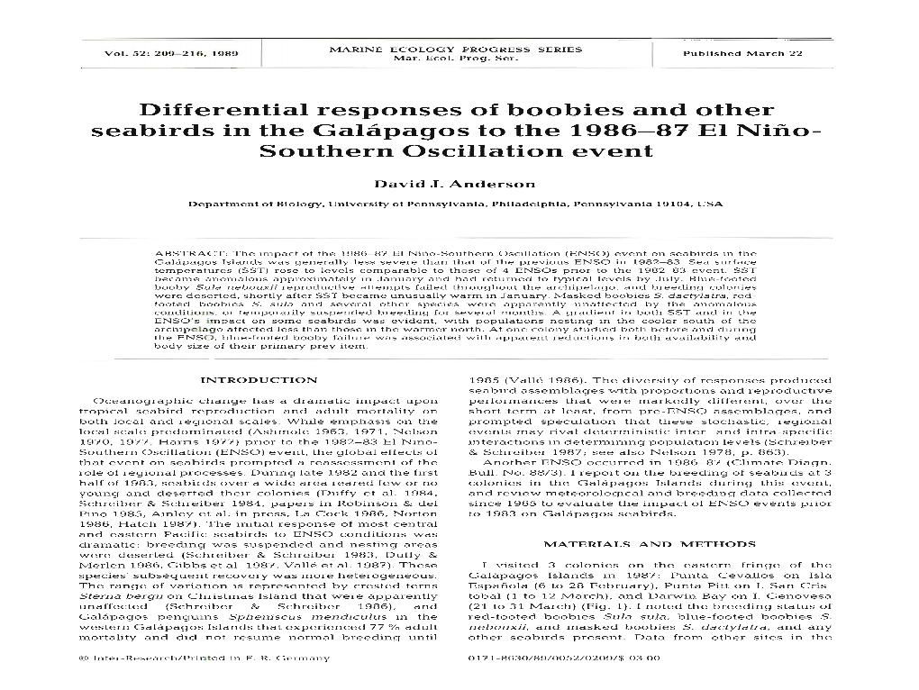 Differential Responses of Boobies and Other Seabirds in the Galapagos to the 1986-87 El Nino- Southern Oscillation Event