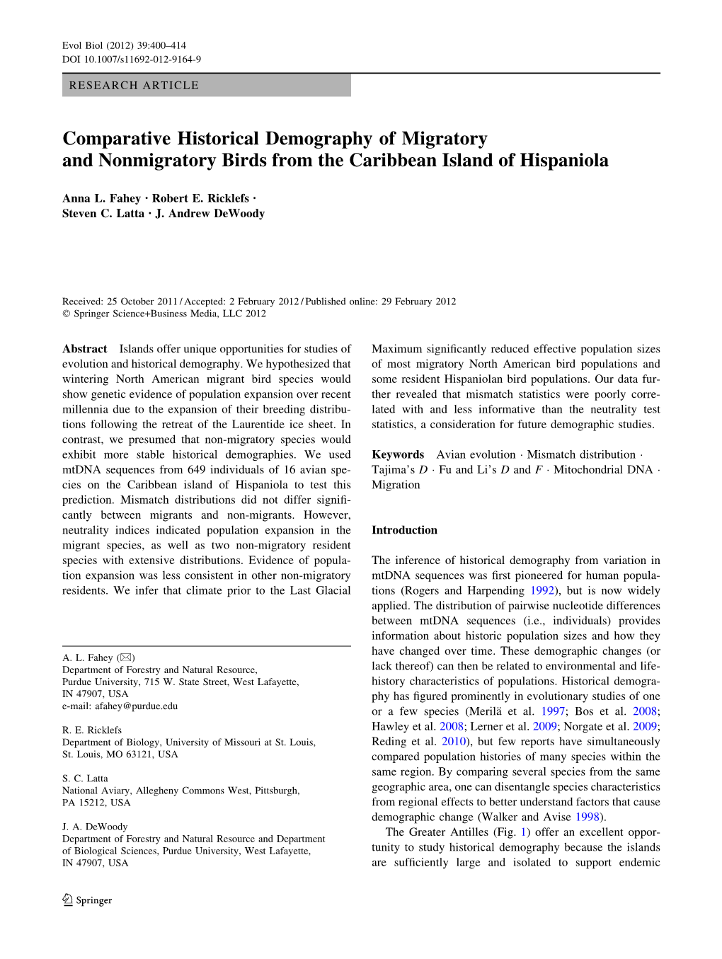 Comparative Historical Demography of Migratory and Nonmigratory Birds from the Caribbean Island of Hispaniola