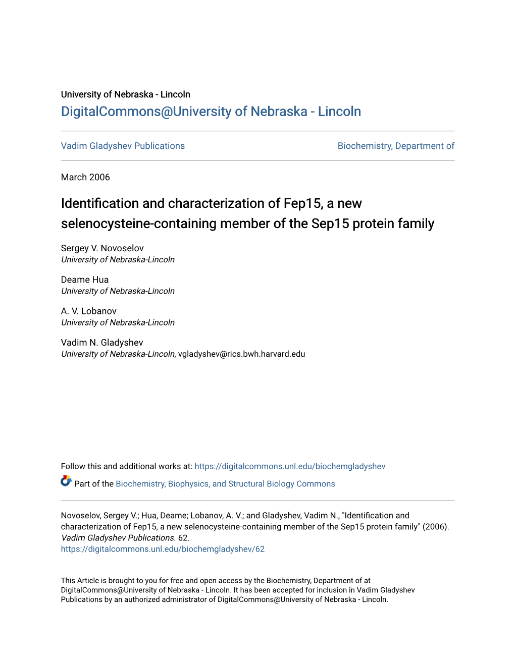 Identification and Characterization of Fep15, a New Selenocysteine-Containing Member of the Sep15 Protein Family