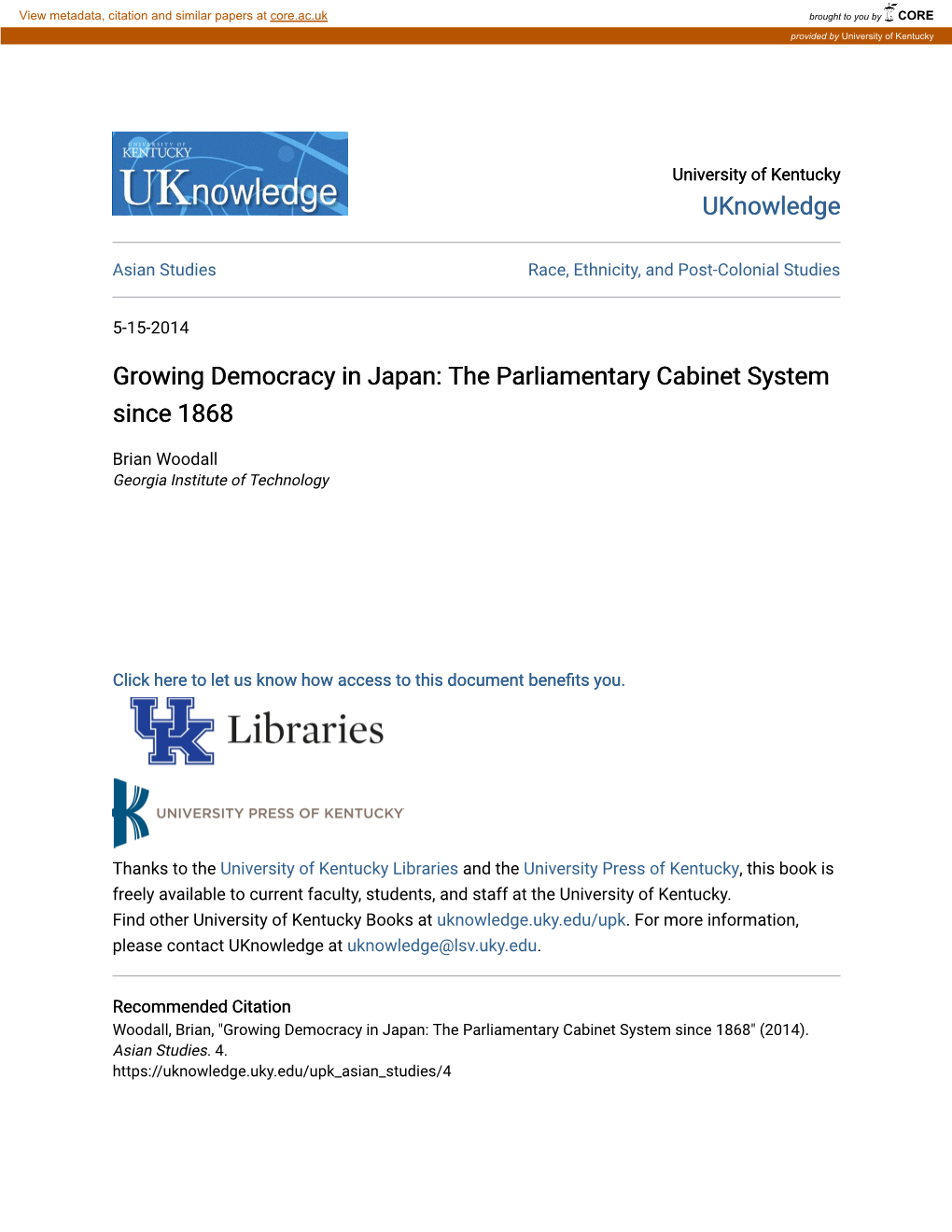 Growing Democracy in Japan: the Parliamentary Cabinet System Since 1868