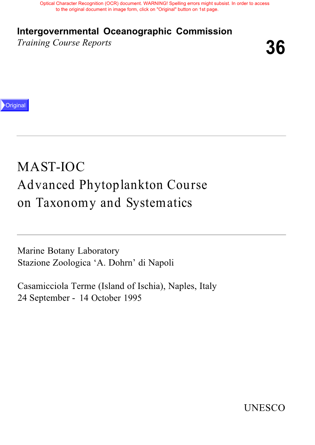 MAST/IOC Advanced Phytoplankton Course on Taxonomy and Syste