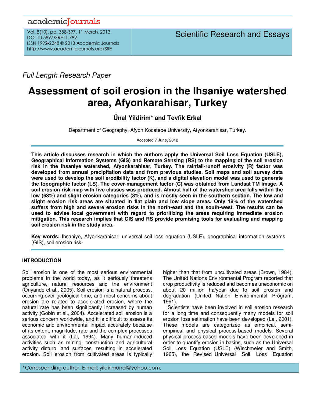Assessment of Soil Erosion in the Ihsaniye Watershed Area, Afyonkarahisar, Turkey