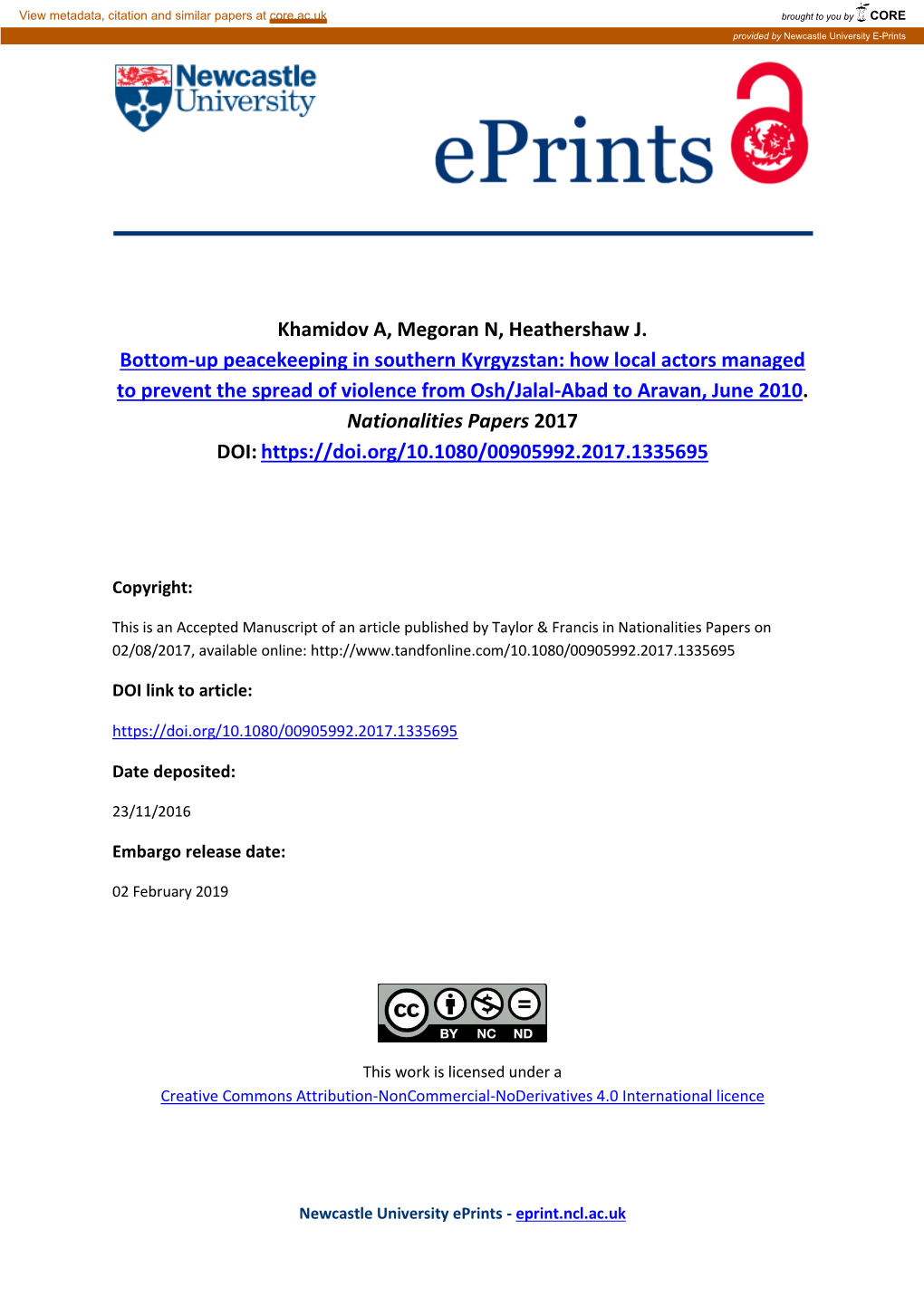 Bottom-Up Peacekeeping in Southern Kyrgyzstan: How Local Actors Managed to Prevent the Spread of Violence from Osh/Jalal-Abad to Aravan, June 2010