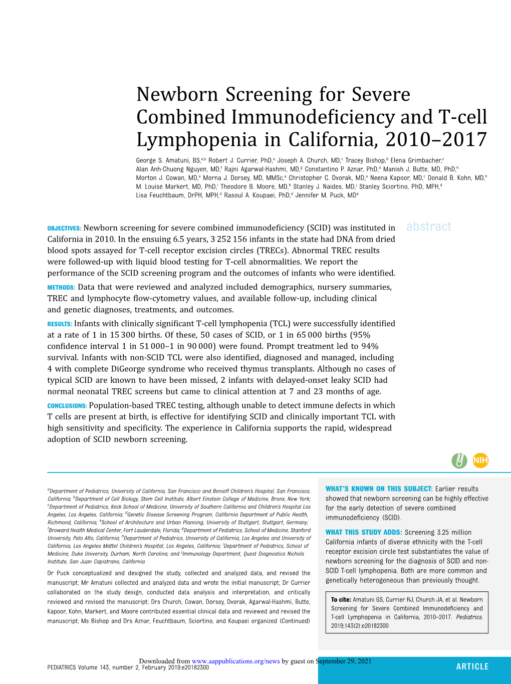 Newborn Screening for Severe Combined Immunodeficiency and T-Cell Lymphopenia in California, 2010−2017 George S