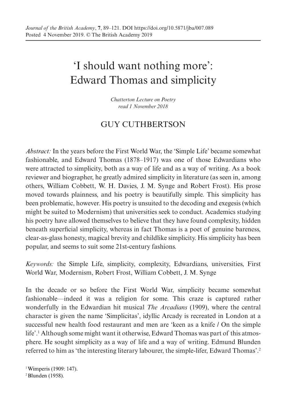 'I Should Want Nothing More': Edward Thomas and Simplicity