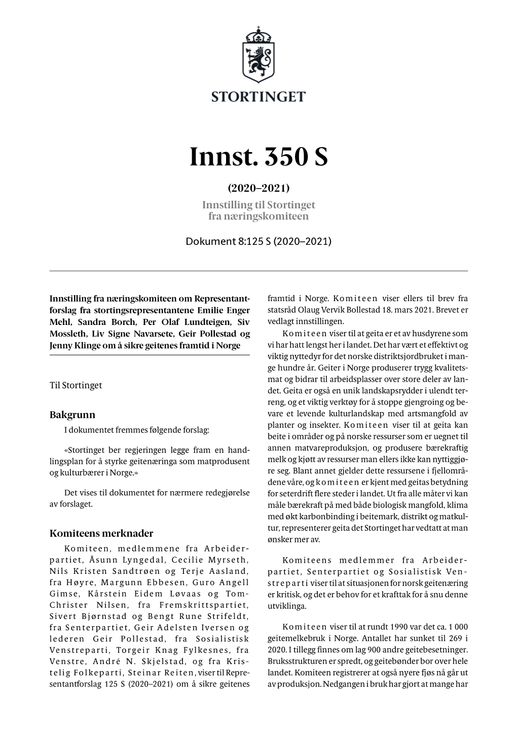 Innst. 350 S (2020–2021) Innstilling Til Stortinget Fra Næringskomiteen