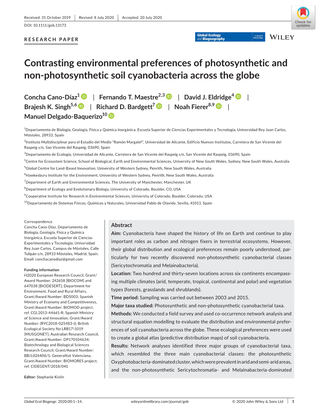 Contrasting Environmental Preferences of Photosynthetic and Non-Photosynthetic Soil Cyanobacteria Across the Globe