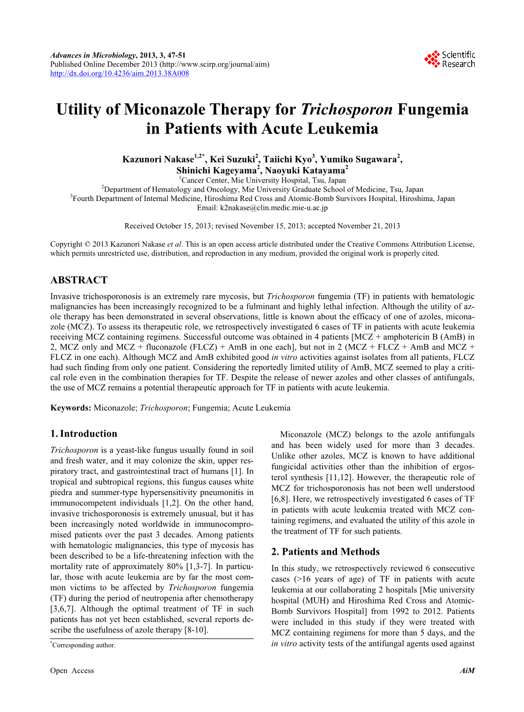 Utility of Miconazole Therapy for Trichosporon Fungemia in Patients with Acute Leukemia