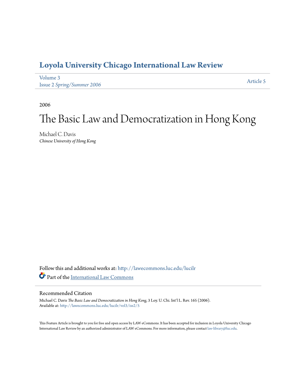 The Basic Law and Democratization in Hong Kong, 3 Loy