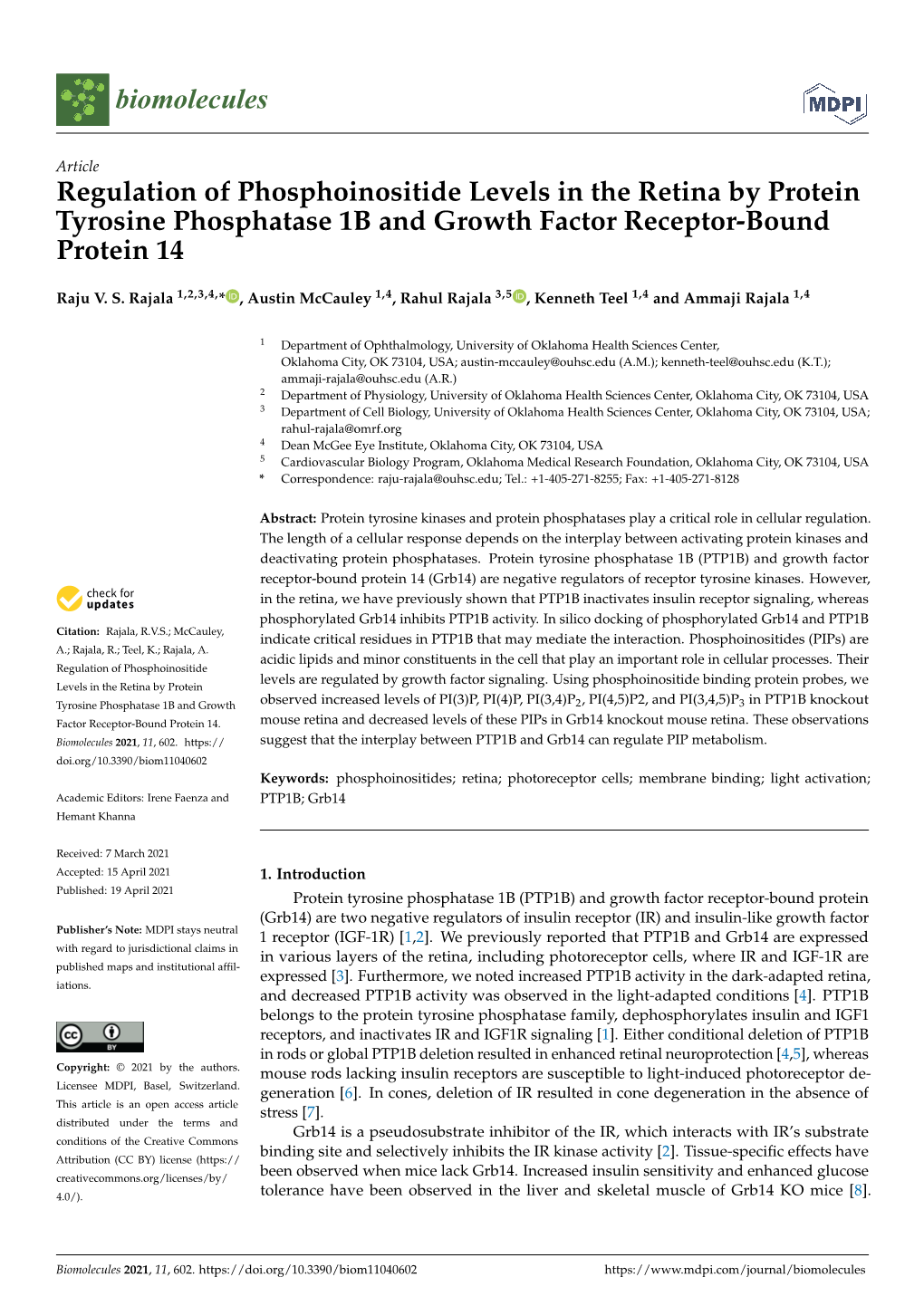 Regulation of Phosphoinositide Levels in the Retina by Protein Tyrosine Phosphatase 1B and Growth Factor Receptor-Bound Protein 14