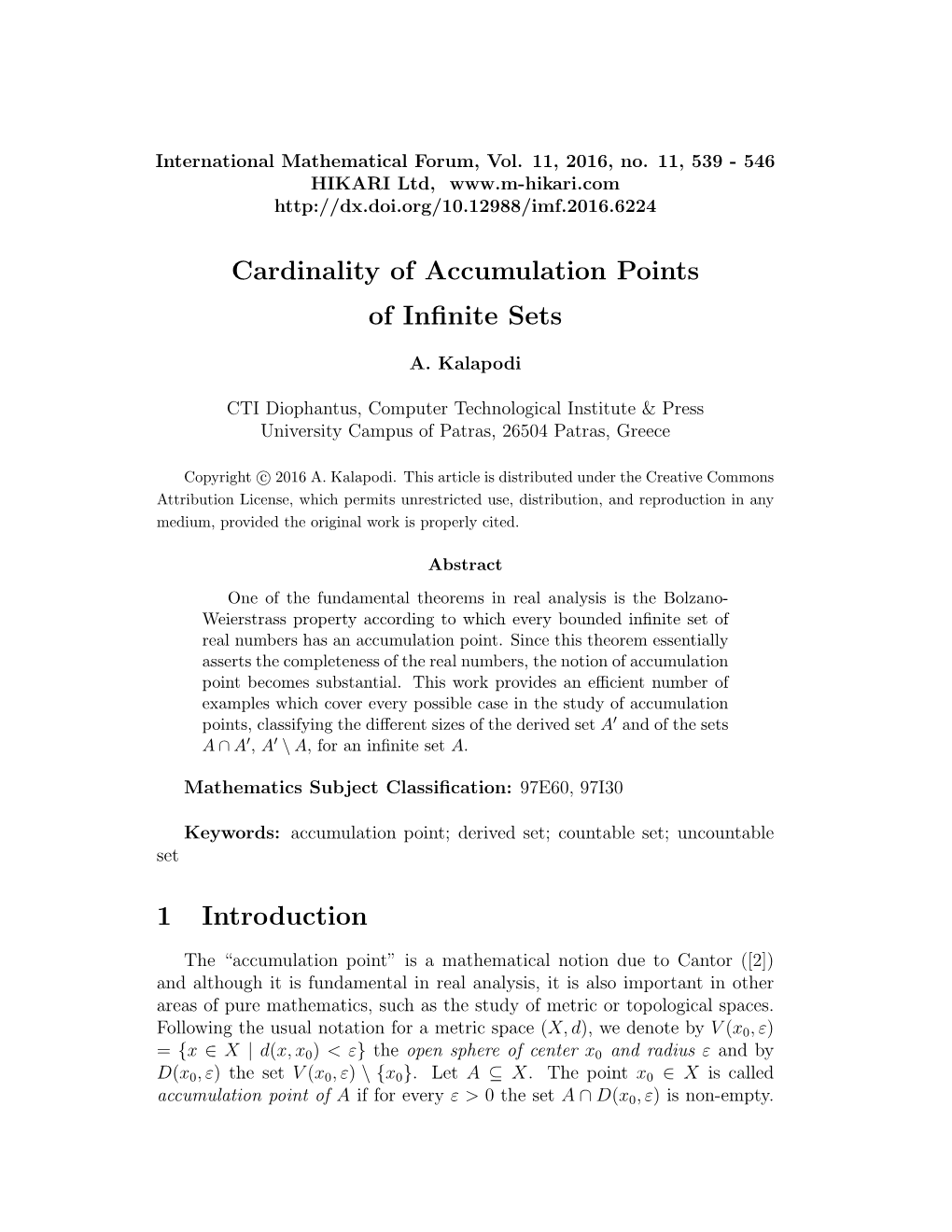 Cardinality of Accumulation Points of Infinite Sets 1 Introduction