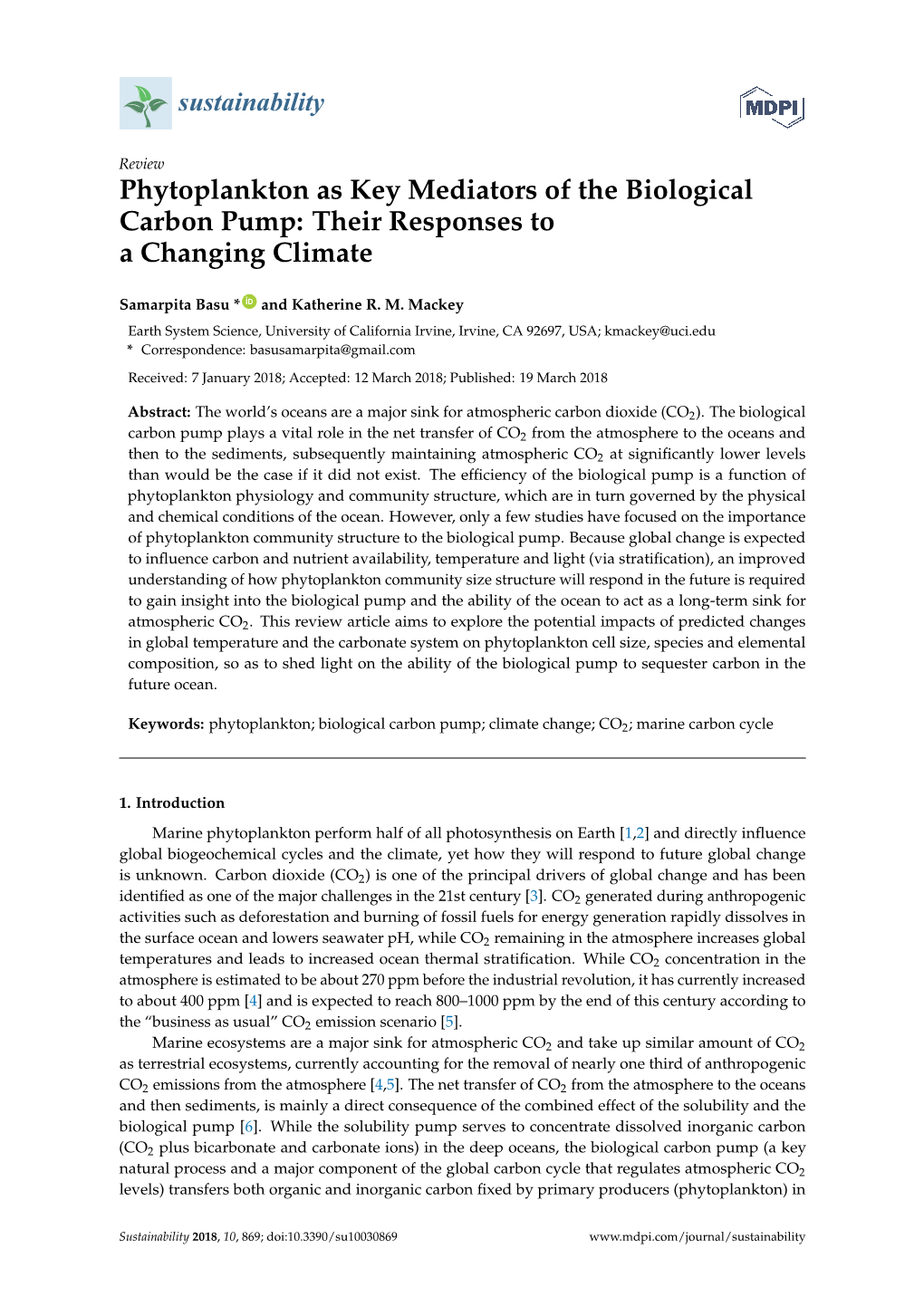 Phytoplankton As Key Mediators of the Biological Carbon Pump: Their Responses to a Changing Climate