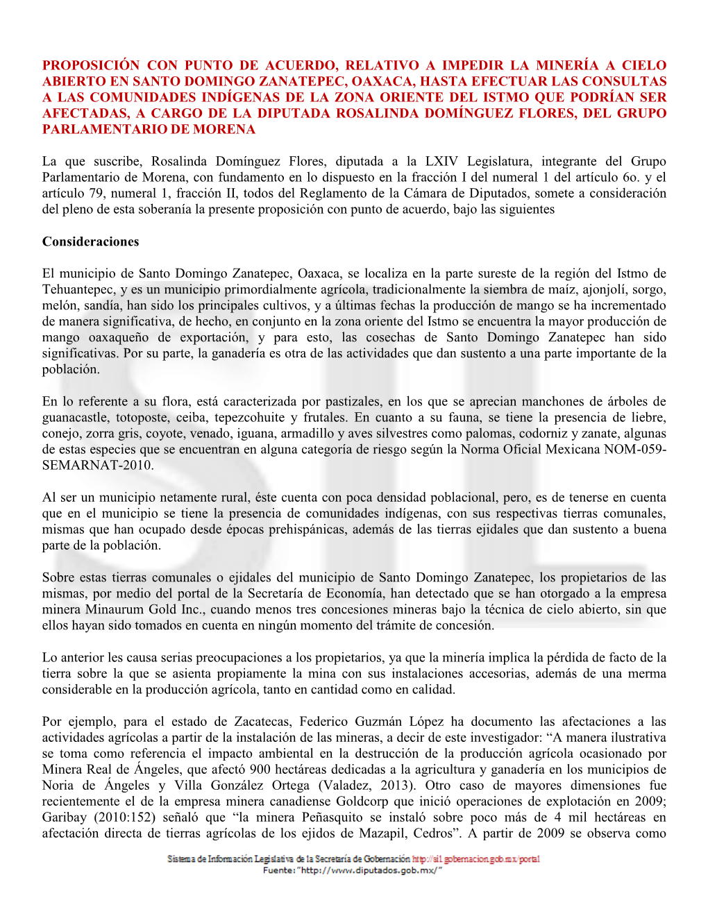 Proposición Con Punto De Acuerdo, Relativo a Impedir La Minería a Cielo