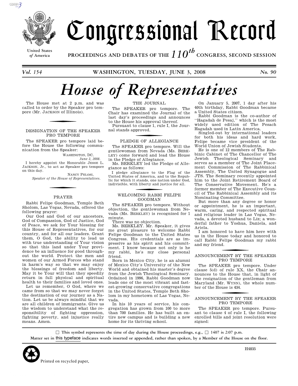 Congressional Record United States Th of America PROCEEDINGS and DEBATES of the 110 CONGRESS, SECOND SESSION