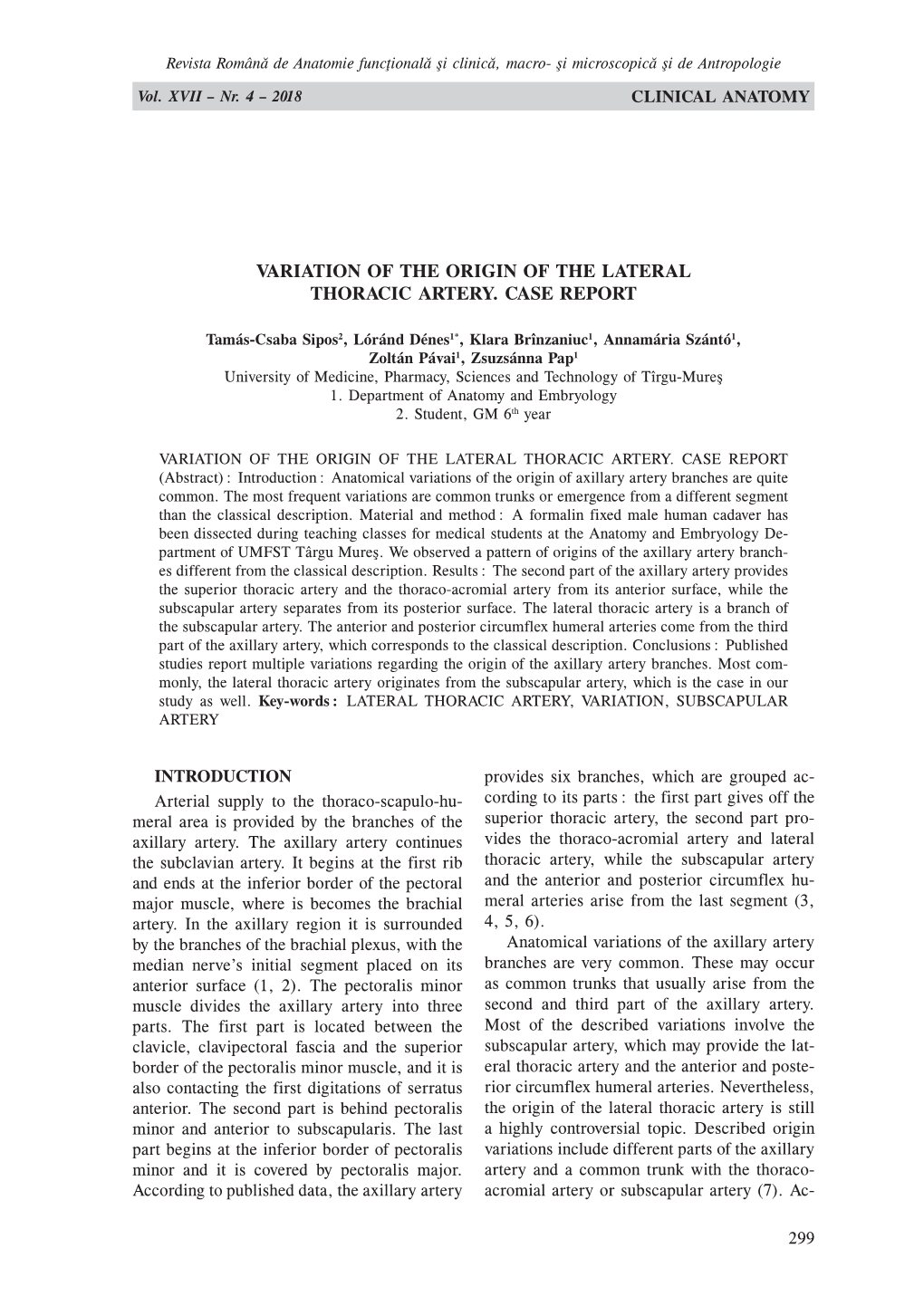 Variation of the Origin of the Lateral Thoracic Artery. Case Report