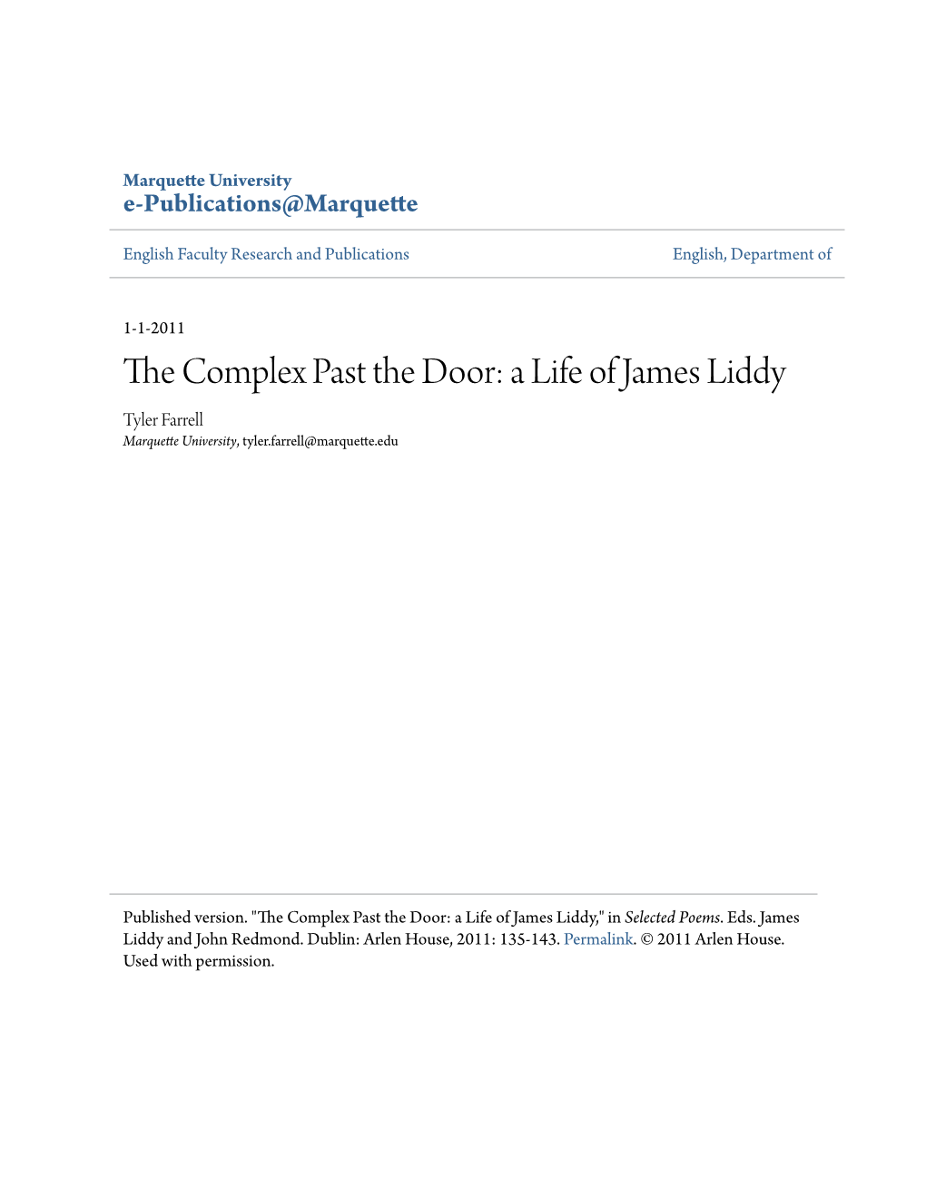 The Complex Past the Door: a Life of James Liddy