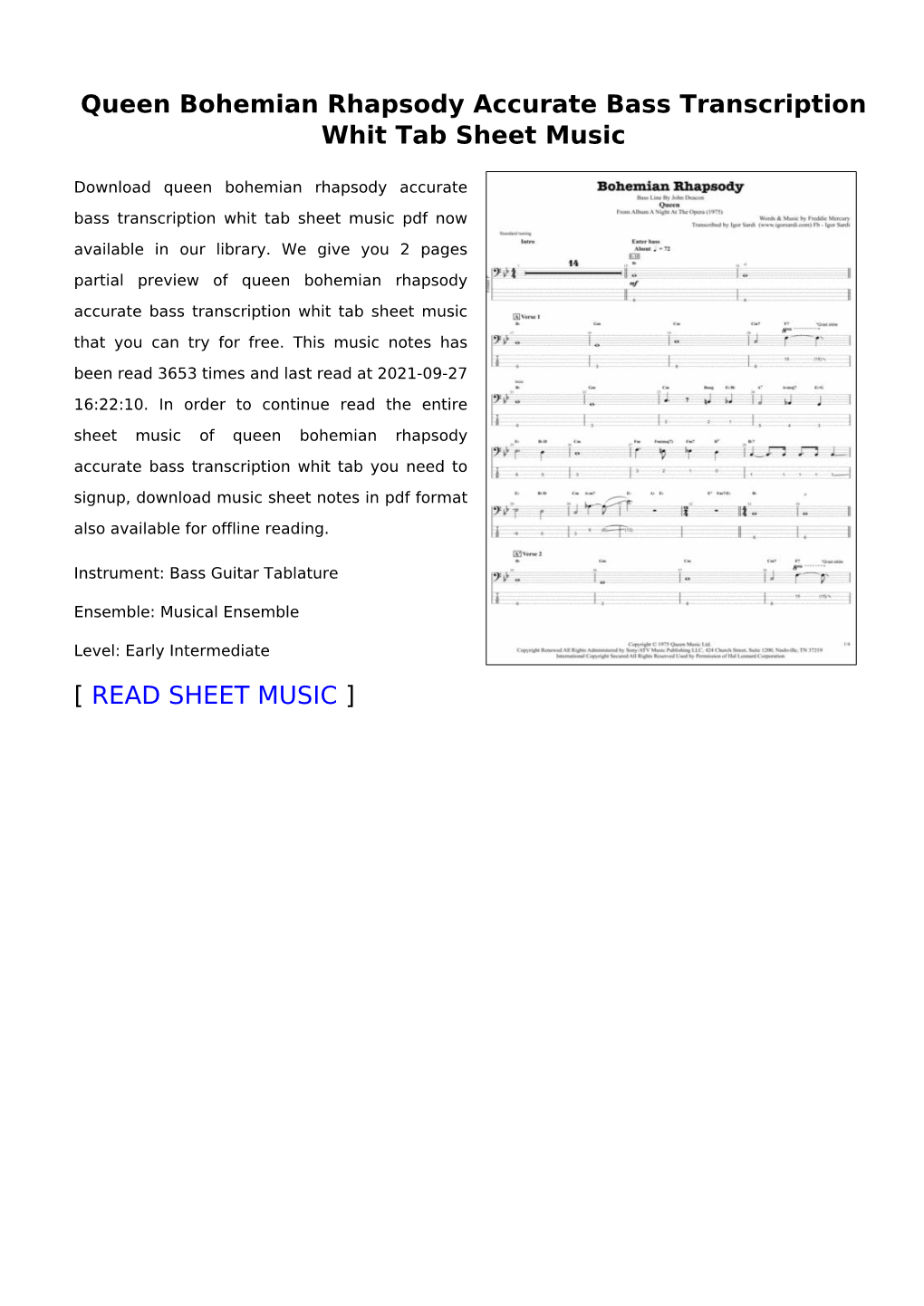 Queen Bohemian Rhapsody Accurate Bass Transcription Whit Tab Sheet Music
