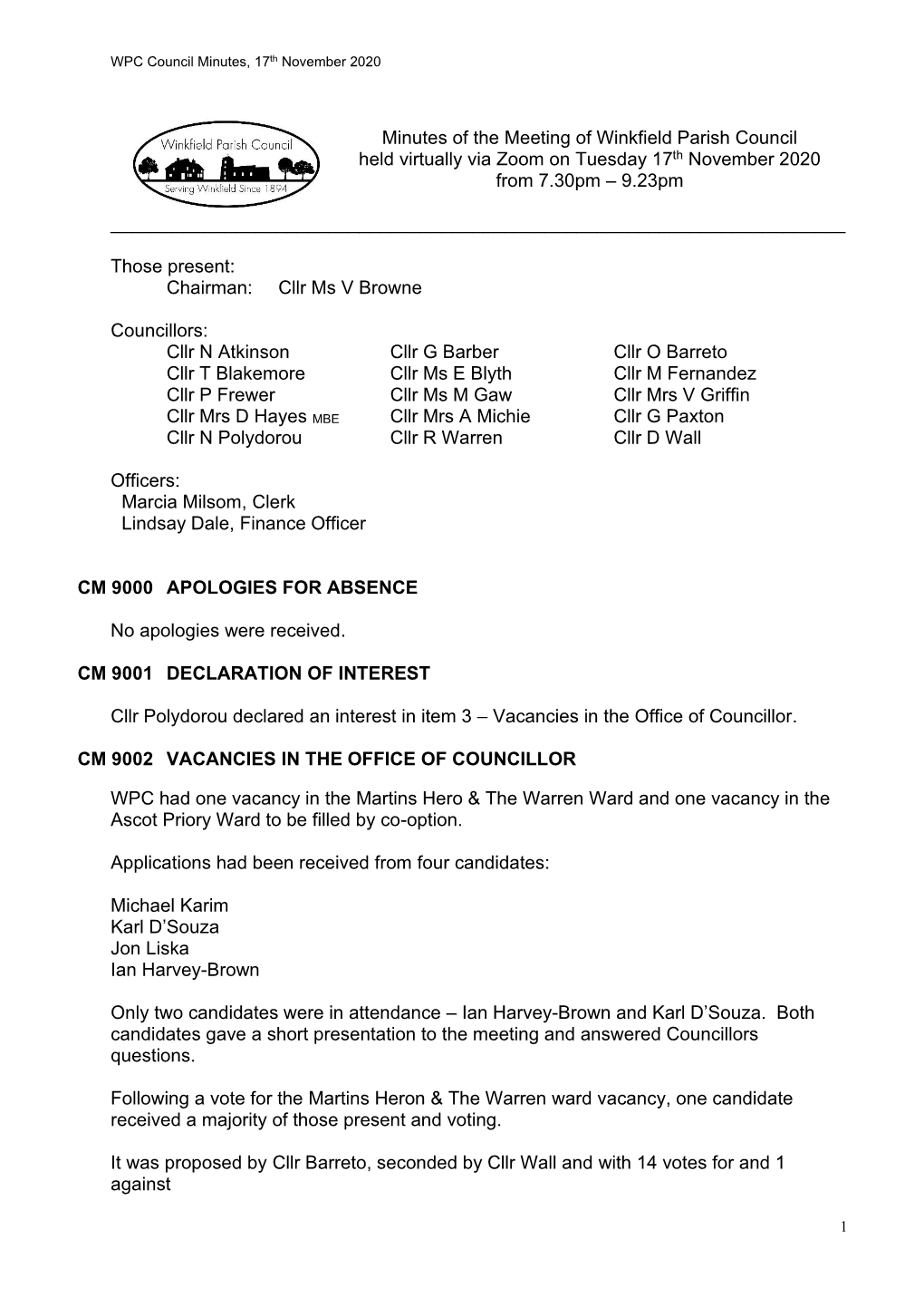 Minutes of a Meeting of the STAFF SUB-COMMITTEE of the Winkfield