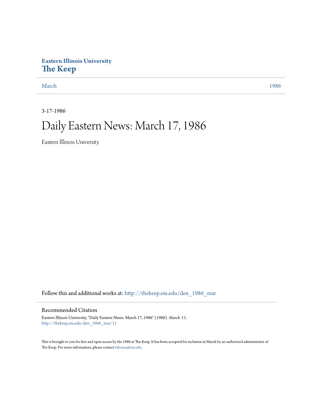 Daily Eastern News: March 17, 1986 Eastern Illinois University