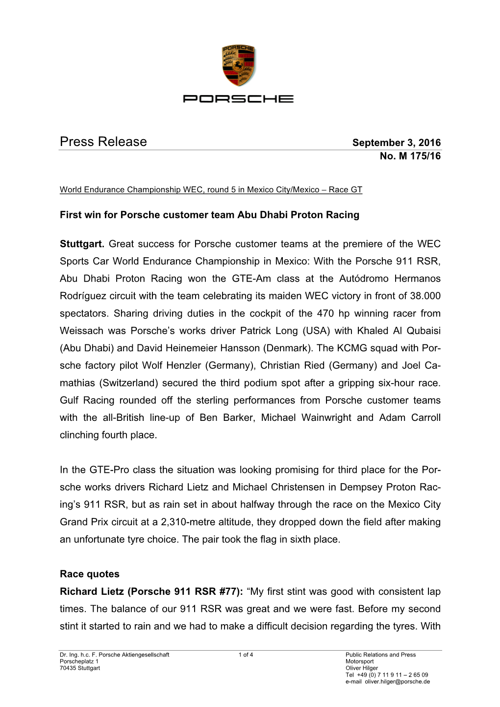 Press Release September 3, 2016 No