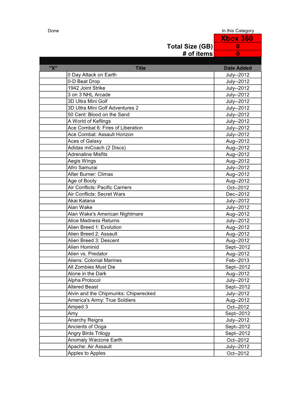 Xbox 360 Total Size (GB) 0 # of Items 0