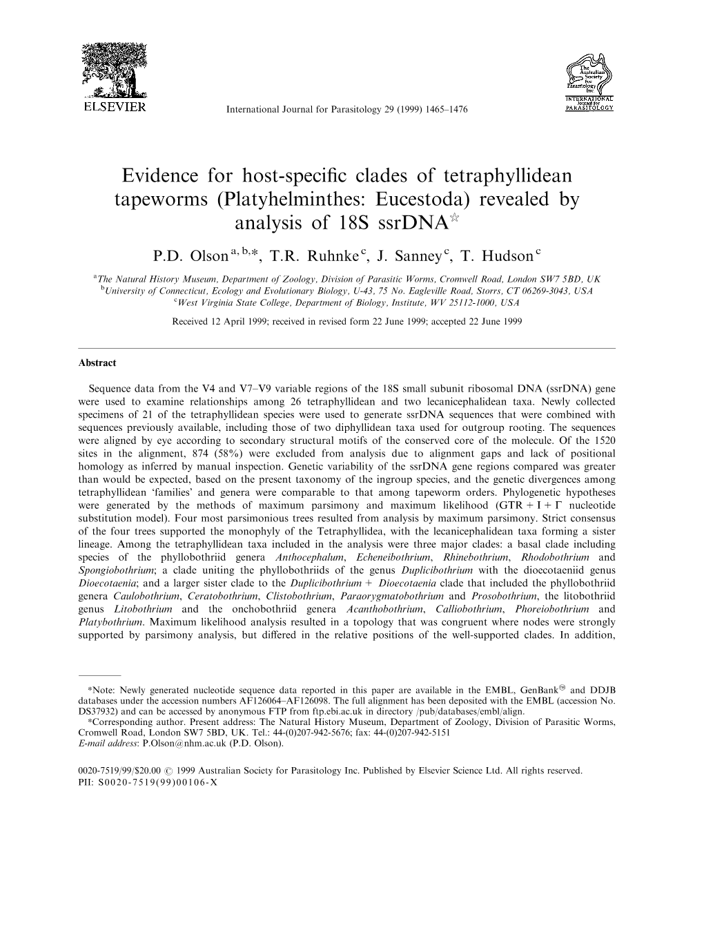 Evidence for Host-Specific Clades of Tetraphyllidean