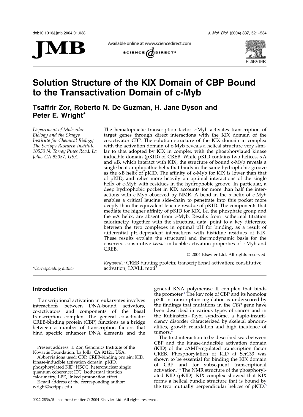 Solution Structure of the KIX Domain of CBP Bound to the Transactivation Domain of C-Myb