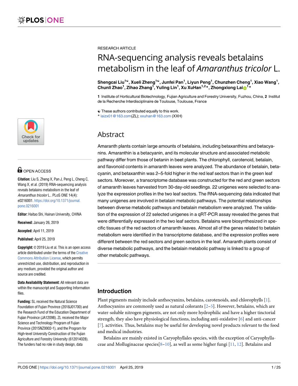 RNA-Sequencing Analysis Reveals Betalains Metabolism in the Leaf of Amaranthus Tricolor L