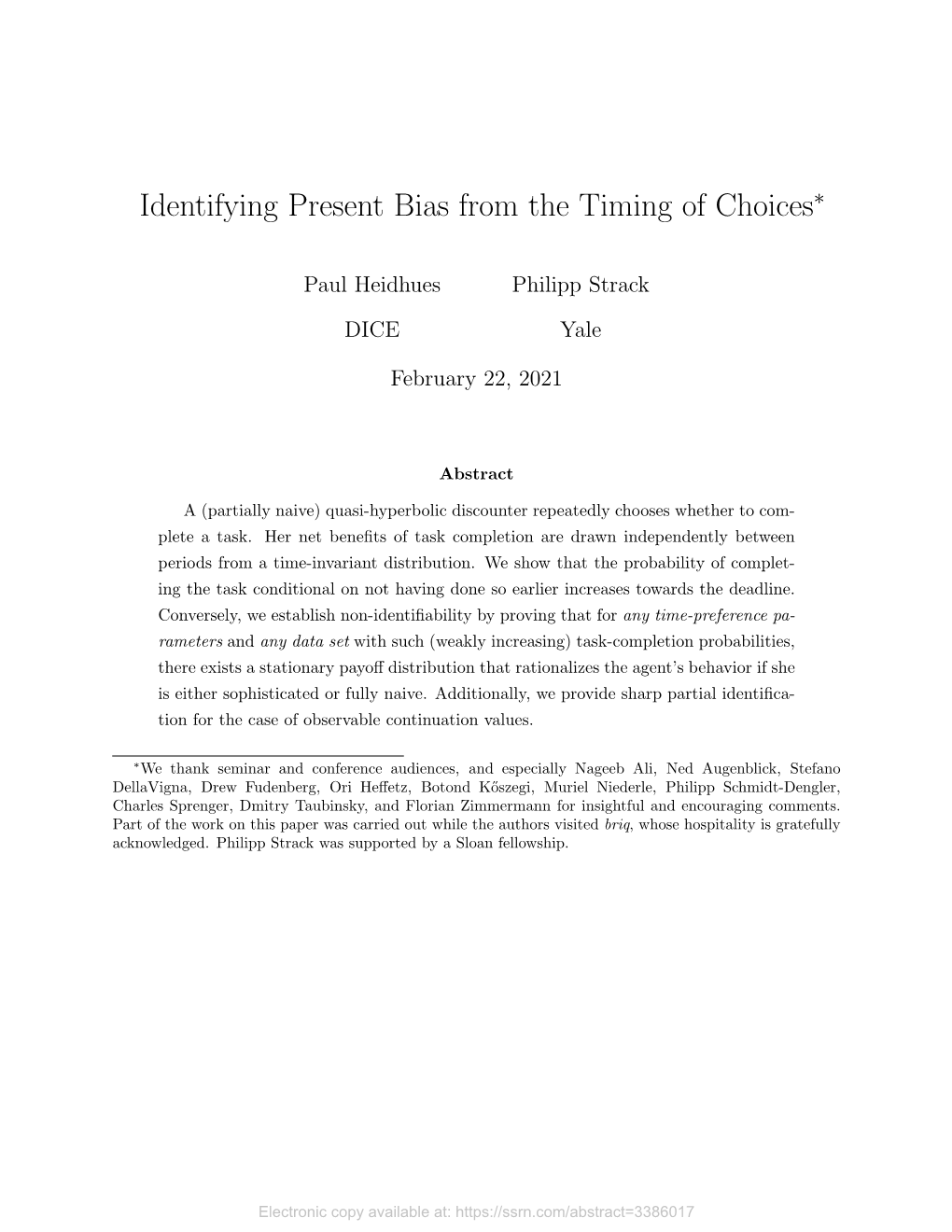 Identifying Present Bias from the Timing of Choices∗