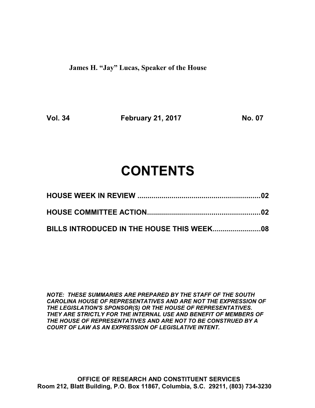 Legislative Update - Vol. 34 No. 07 February 21, 2017 - South Carolina Legislature Online