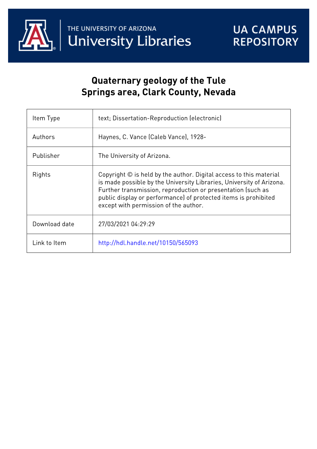 Quaternary Geology of the Tule Springs Area, Clark County, Nevada