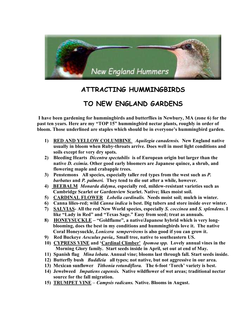 Hummingbird Gardening Handout 2010