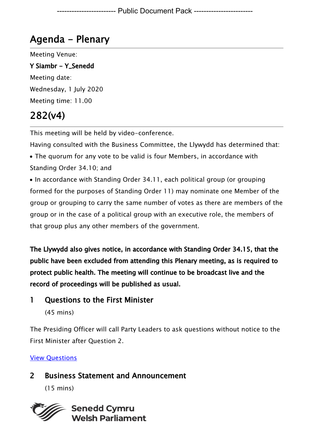 (Public Pack)Agenda Document for Plenary, 01/07/2020 11:00