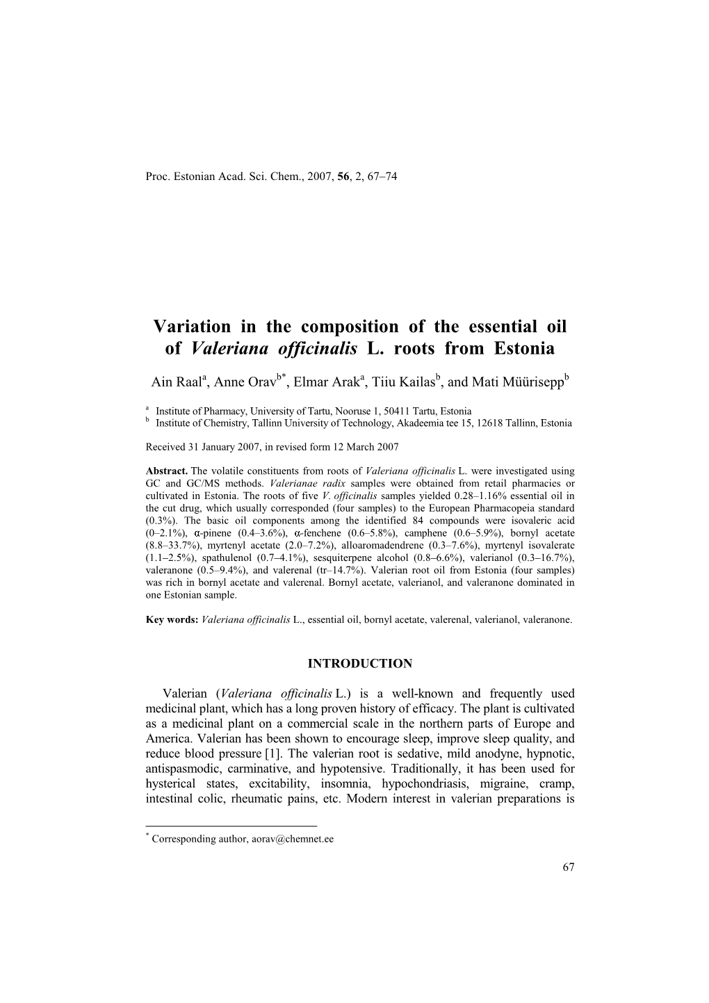 Variation in the Composition of the Essential Oil of Valeriana Officinalis L