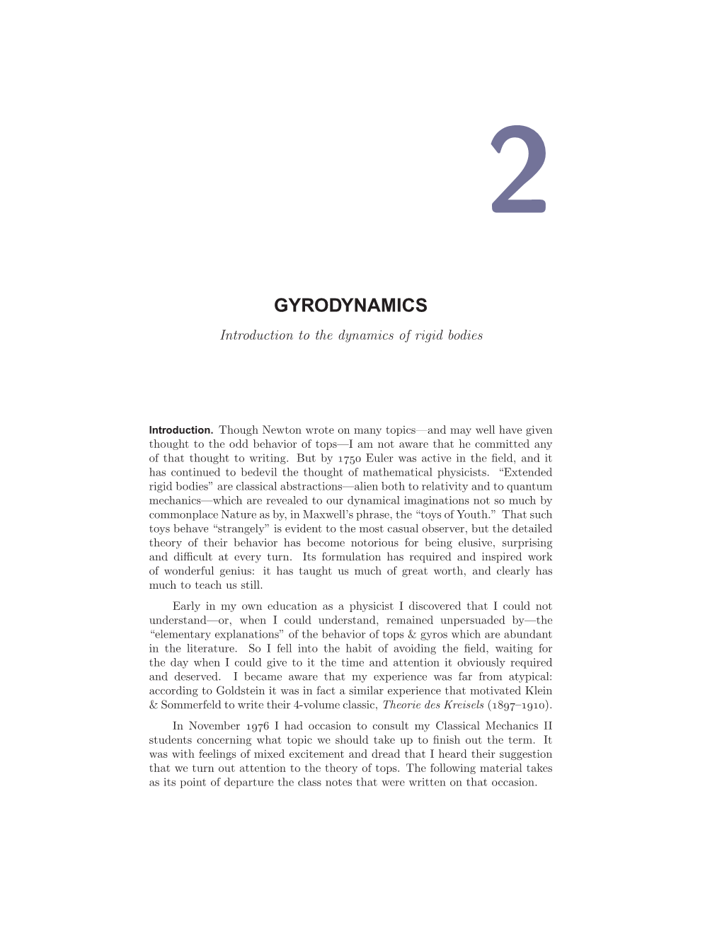 GYRODYNAMICS Introduction to the Dynamics of Rigid Bodies