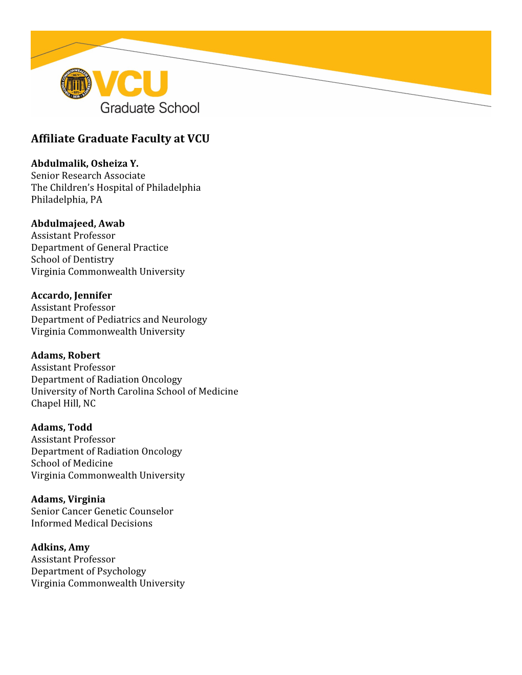 Affiliate Graduate Faculty at VCU