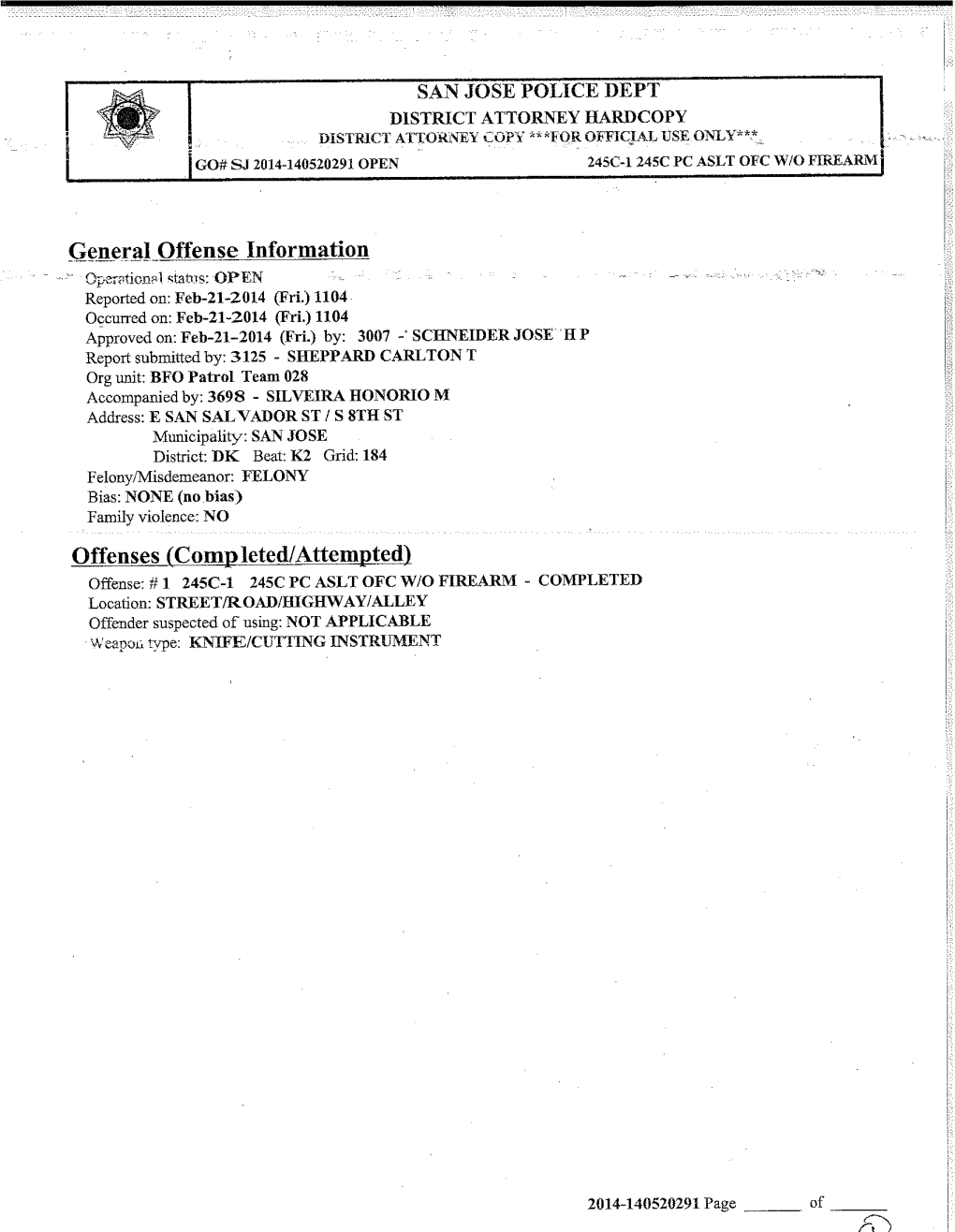 SAN JOSE POLICE DEPT Offenses Fcompieted/Attempted