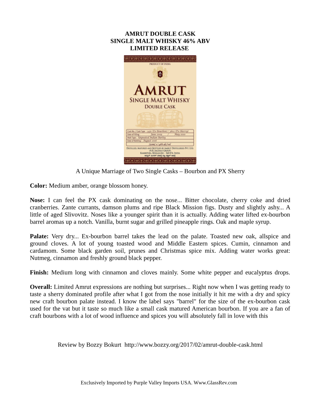 Amrut Double Cask Single Malt Whisky 46% Abv Limited Release