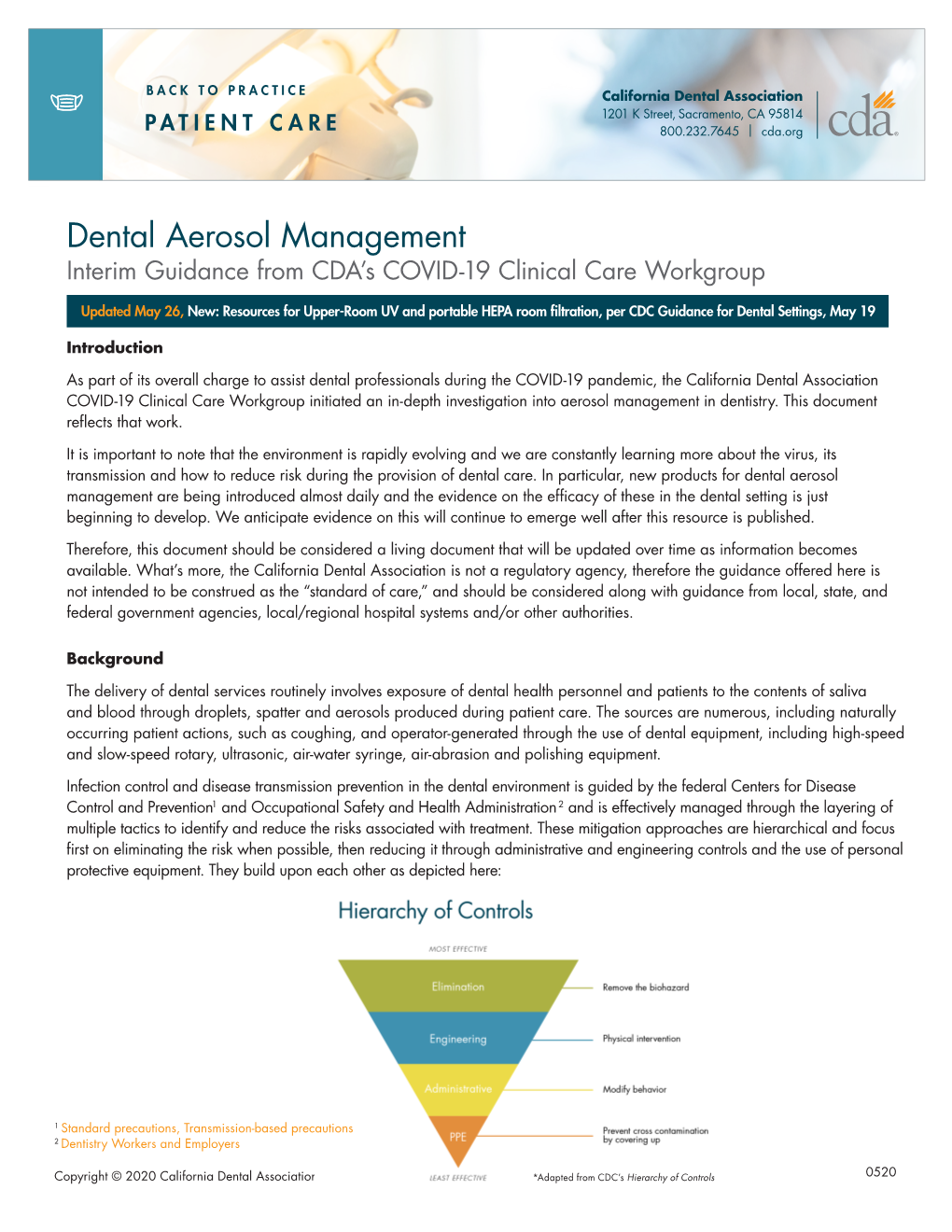 Dental Aerosol Management Interim Guidance from CDA’S COVID-19 Clinical Care Workgroup