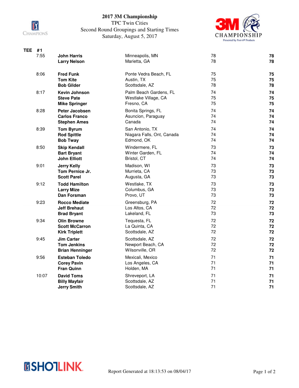 2017 3M Championship TPC Twin Cities Second Round Groupings and Starting Times Saturday, August 5, 2017